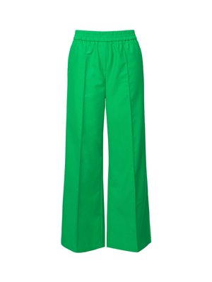 Pantaloni verdi a gamba larga con vita elastica, realizzati in tessuto liscio. Presentano pieghe nette e un taglio diritto.