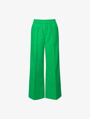 Groene, wijde broek met een elastische tailleband, gemaakt van gladde stof. Kenmerkt zich door scherpe plooien en een rechte snit.
