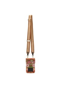Borsa verticale intrecciata in vivaci motivi rosa, verde e arancione; caratterizzata da una tracolla a strisce marroni e un dettaglio in tessuto nero.