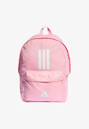 Pink fabric backpack featuring white three-stripe design, front zip pocket, and logo detail. Rounded shape with a top handle.