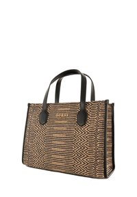 Borsa tote testurizzata in marrone e nero con un motivo geometrico, manici in pelle e dettaglio del marchio sul davanti.