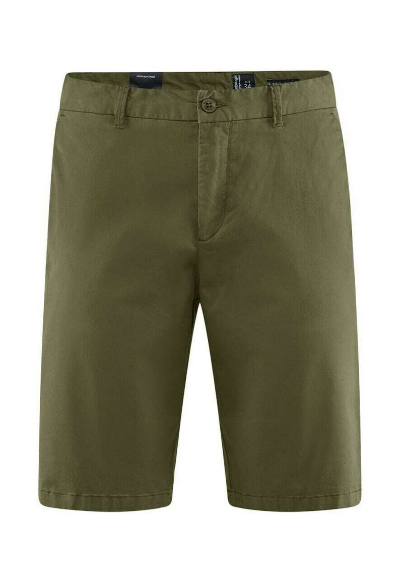 Pantaloni corti verde oliva realizzati in tessuto leggero. Presentano un frontale piatto, chiusura con bottone e tasche laterali. Design casual con taglio dritto.