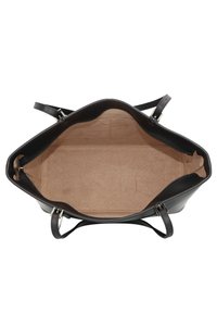 Black leather handbag with a smooth outer finish and a spacious beige suede interior. Features dual shoulder straps and zip closure.