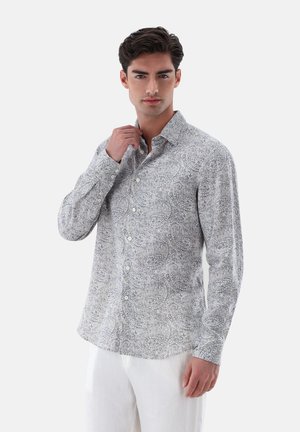 Langärmliges Hemd in hellblau mit Paisleymuster, mit Knopfleiste und Kragen, aus weichem Stoff gefertigt.