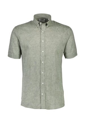 Camisa de botones de manga corta en mezcla de lino verde claro, con cuello clásico y ocho botones blancos en el frente. Tejido texturizado.