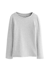 Grijze longsleeve shirt van ribbelstof. Heeft een ronde hals en een relaxte pasvorm. Eenvoudige en gladde textuur zonder zichtbare patronen.