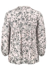 Blusa rosa chiaro con motivo paisley e floreale nero, dettagli a balze sulle maniche e vita arricciata per una silhouette fluida.