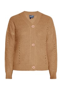 Brązowy dzianinowy kardigan z dekoltem w szpic, z zapięciem na guziki i dwoma dużymi guzikami. Posiada wzór z ażurowymi elementami na rękawach oraz ściągacze na końcach rękawów.