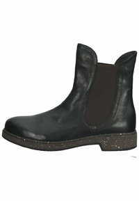 Schwarze Leder-Ankle-Boots mit elastischen seitlichen Einsätzen und strukturiertem Sohlenprofil mit Sprenkeln. Rundaus design und moderate Absatzhöhe.