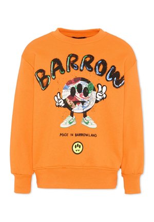 Felpa arancione con globo colorato in stile cartone animato che indossa scarpe da ginnastica e mostra segni di pace, scritta "BARROW" sopra e "Made in Barrowland" sotto.