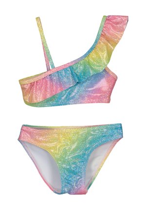 Pige to-delt badedragt med enkelt skulder rynket top og midjehøje bukser i regnbuens pastelfarver med glitrende tekstur.
