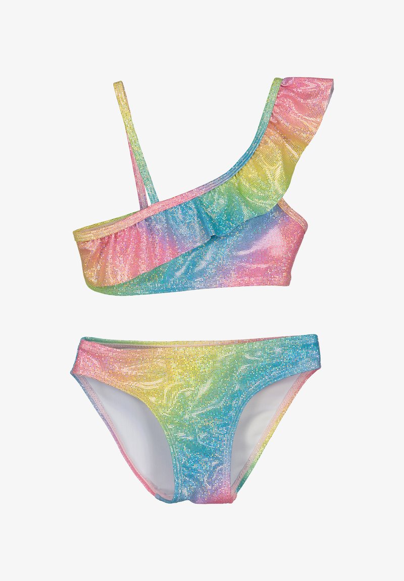 Maillot de bain deux-pièces pour filles avec un haut à volants asymétrique et un bas taille mi-haute en pastel arc-en-ciel avec une texture scintillante.