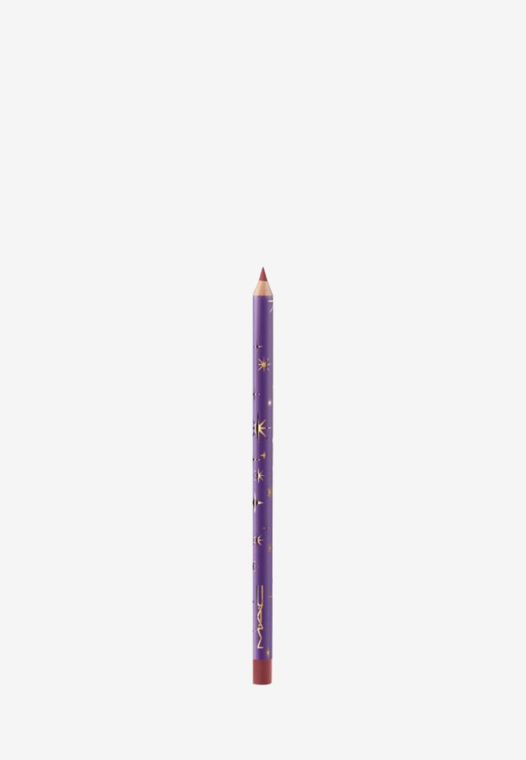 Crayon contour des lèvres violet avec motifs d'étoiles dorées et pointe rouge sur fond blanc.