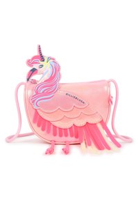 Ροζ συνθετική τσάντα χειρός σε σχήμα φλαμίνγκο, με πολύχρωμη κεφαλή μονόκερου, σχεδιασμό με στρώσεις φτερών και κλείσιμο με κορδόνι.