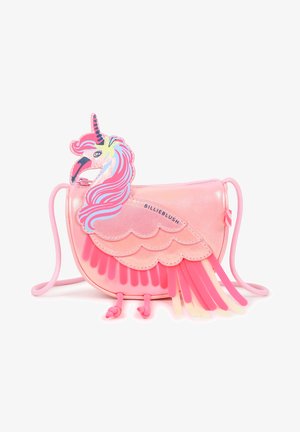 Borsa sintetica rosa a forma di fenicottero, caratterizzata da una testa di unicorno colorata, design a strati di piume e chiusura con coulisse.