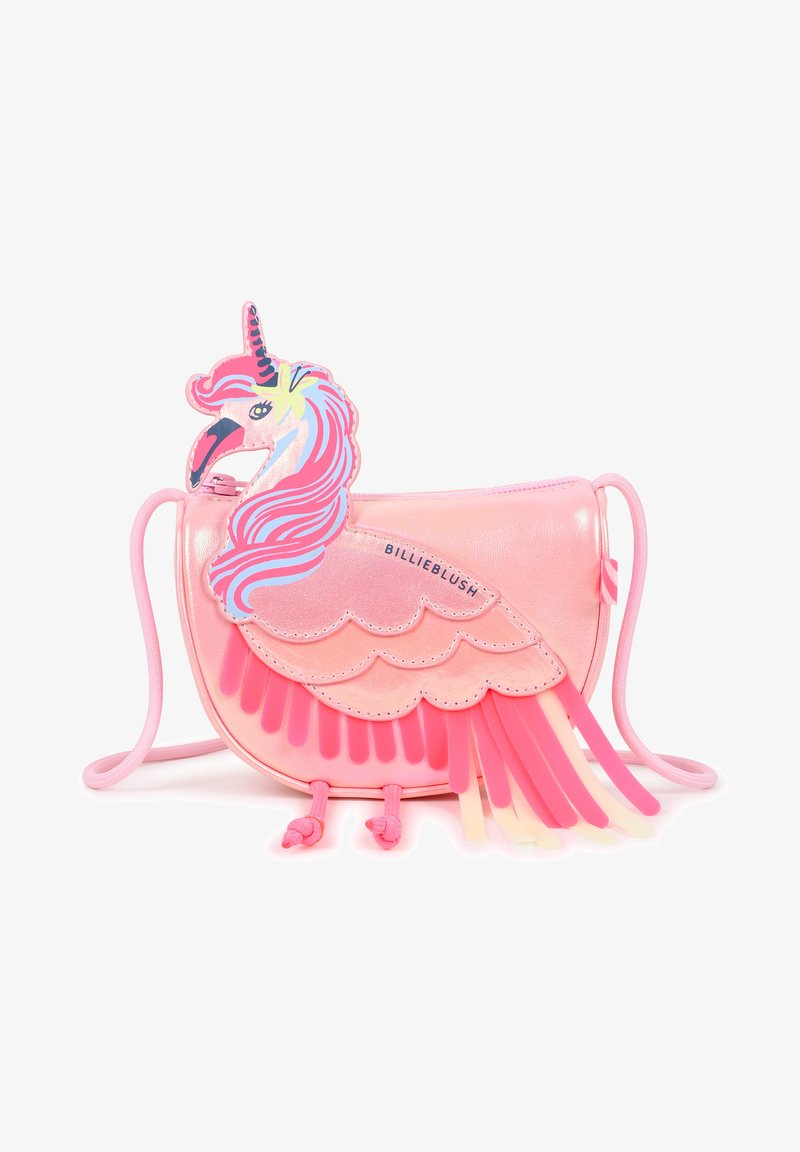 Geantă de mână sintetică roz în formă de flamingo, cu un cap de unicorn colorat, design stratificat cu pene și închidere cu șnur.