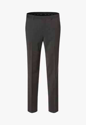 Gray tailored trousers made from a textured fabric. Features a flat front, belt loops, and a straight leg cut. No visible pockets.