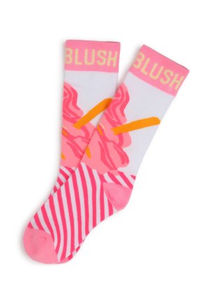Roze en witte sokken met een bloempatroon, oranje accenten en horizontale strepen bij de teen. "BLUSH" tekst in het geel aan de bovenkant.