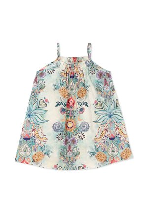 Vestito smanicato per bambino con motivi floreali multicolori, sole, luna e animali su sfondo chiaro, con sottili spalline.