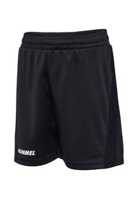 Svarta atletiska shorts i lättviktigt tyg, med resårmidja, sidofickor och en liten vit logotyp nederst till vänster.