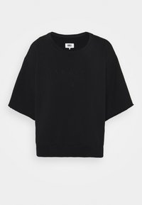 Svart kortärmad sweatshirt i bomull med rundad halsringning och präglad logotypdetalj. Slät textur, avslappnad passform.