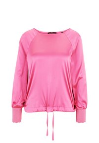 Haut long en satin rose à manches longues avec un col rond, des manches froncées et un ourlet à cordon de serrage. Comprend des poignets côtelés et une coupe décontractée.