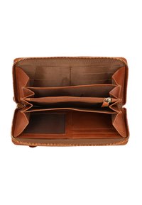 Pruun nahast rahakott, millel on tõmblukk. Sisaldab mitmeid kaardipesasid, sektsioone ja läbipaistvat ID-taskut. Sujuv sisepind.