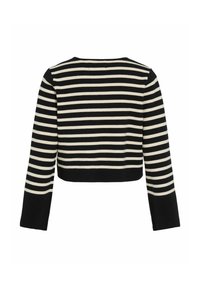 Maglione corto a maniche lunghe a righe orizzontali bianco e nero con polsini e vita neri, mostrato di spalle.