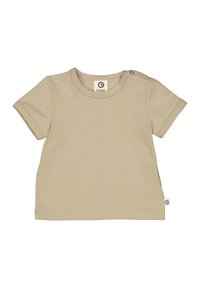 Beige t-paita lyhyillä hihoilla, joka on valmistettu pehmeästä kankaasta. Siinä on pyöreä kaula-aukko ja olkaimet, jotka helpottavat pukemista. Tunnus lanteella.