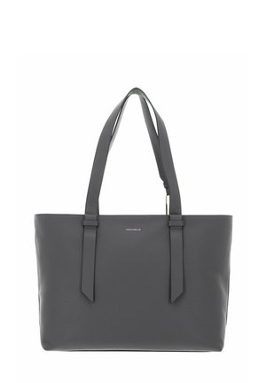 Sac cabas en cuir gris avec double bandoulière et petit logo « Coccinelle » centré près du haut.