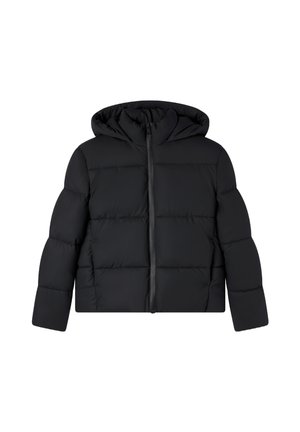 Giacca a padding nera con cappuccio, dotata di zip frontale, design trapuntato e taglio cropped. Texture liscia e isolamento leggero.