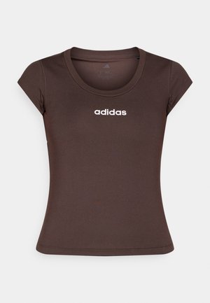Braunes eng anliegendes T-Shirt aus elastischem Material, mit einem gerippten Rundhalsausschnitt und kurzen Ärmeln, versehen mit dem weißen "adidas"-Logo.