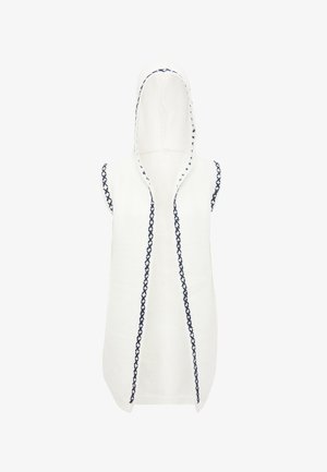 Fehér, ujjatlan kapucnis felső, elől nyitott kivitelben, tengerészkék hímzett díszítésekkel az éleken és teljes hosszúságú kapucnival.