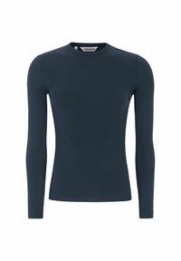 Langermige marineblauwe top van ribstof met een ronde halslijn. Heeft een aangesloten ontwerp en een gladde textuur.