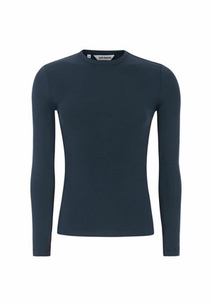 Langermige marineblauwe top van ribstof met een ronde halslijn. Heeft een aangesloten ontwerp en een gladde textuur.