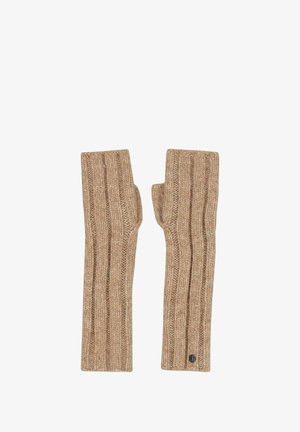 Vingerloze handschoenen van ribbeltricot in een tan kleur met een subtiele textuur en een klein logo op het polsgebied.