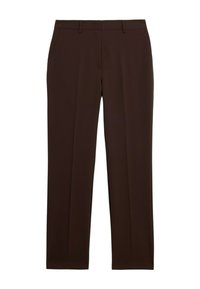 Pantalones marrones de tela tejida, con un diseño de pierna recta, dos bolsillos frontales y un frente plano con trabillas para cinturón.