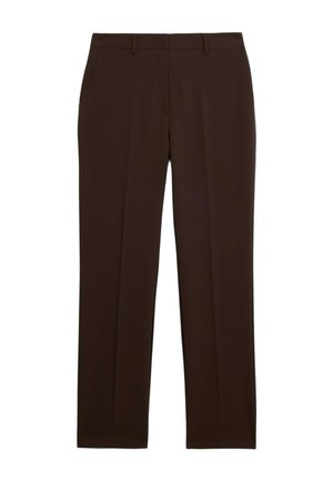 Bruine broek van geweven stof, met een recht gesneden ontwerp, twee voorzakken en een platte voorkant met riemlussen.