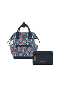Multicolored floral bag in durable fabric with navy accents, featuring dual handles, a zippered front pocket, and a matching flat wallet.