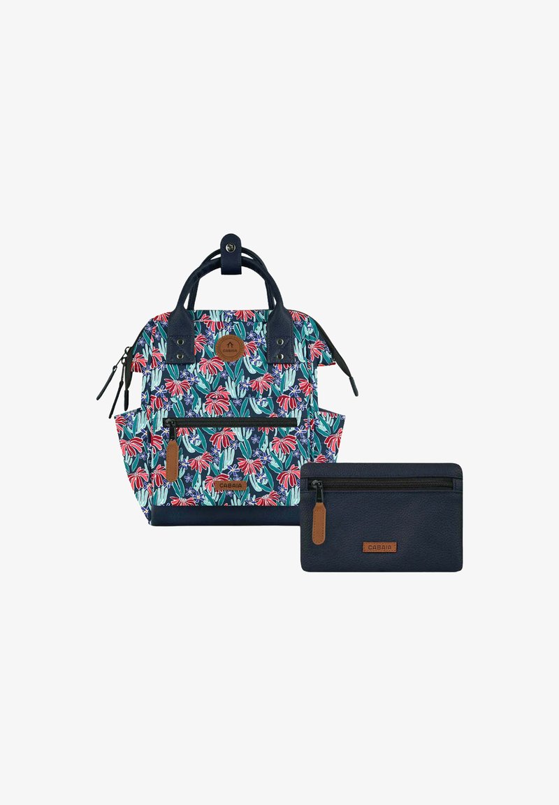 Multicolored floral bag in durable fabric with navy accents, featuring dual handles, a zippered front pocket, and a matching flat wallet.