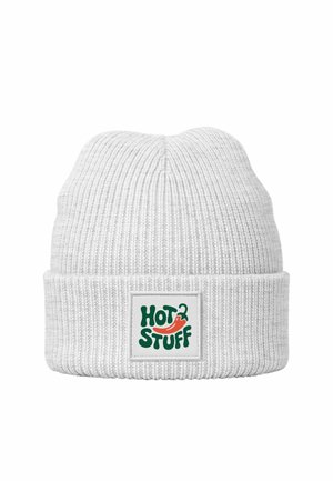 White ribbed knit beanie with a folded cuff. Features a rectangular white patch with "HOT2STUFF" in green and red text and a chili pepper graphic.