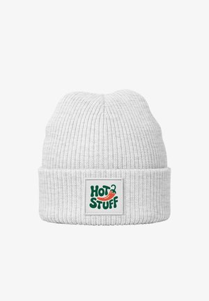 White ribbed knit beanie with a folded cuff. Features a rectangular white patch with "HOT2STUFF" in green and red text and a chili pepper graphic.
