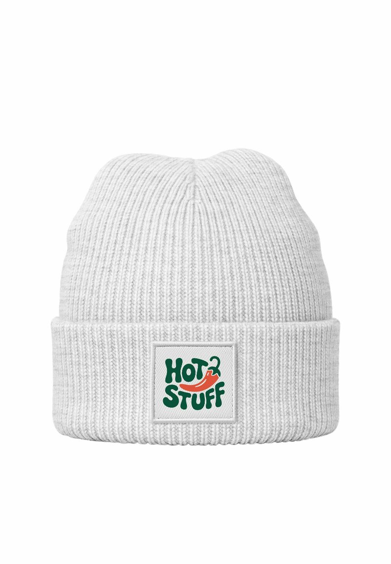 White ribbed knit beanie with a folded cuff. Features a rectangular white patch with "HOT2STUFF" in green and red text and a chili pepper graphic.