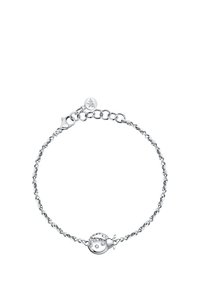 Bracciale in argento con design a catena, caratterizzato da un charm a forma di coccinella rotonda adornato con cristalli trasparenti. Chiusura dettagliata e lunghezza regolabile.