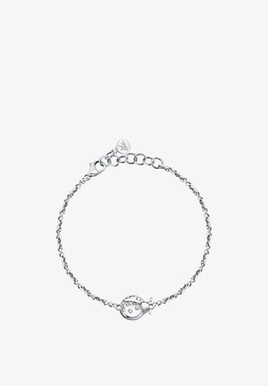 Bracciale in argento con design a catena, caratterizzato da un charm a forma di coccinella rotonda adornato con cristalli trasparenti. Chiusura dettagliata e lunghezza regolabile.