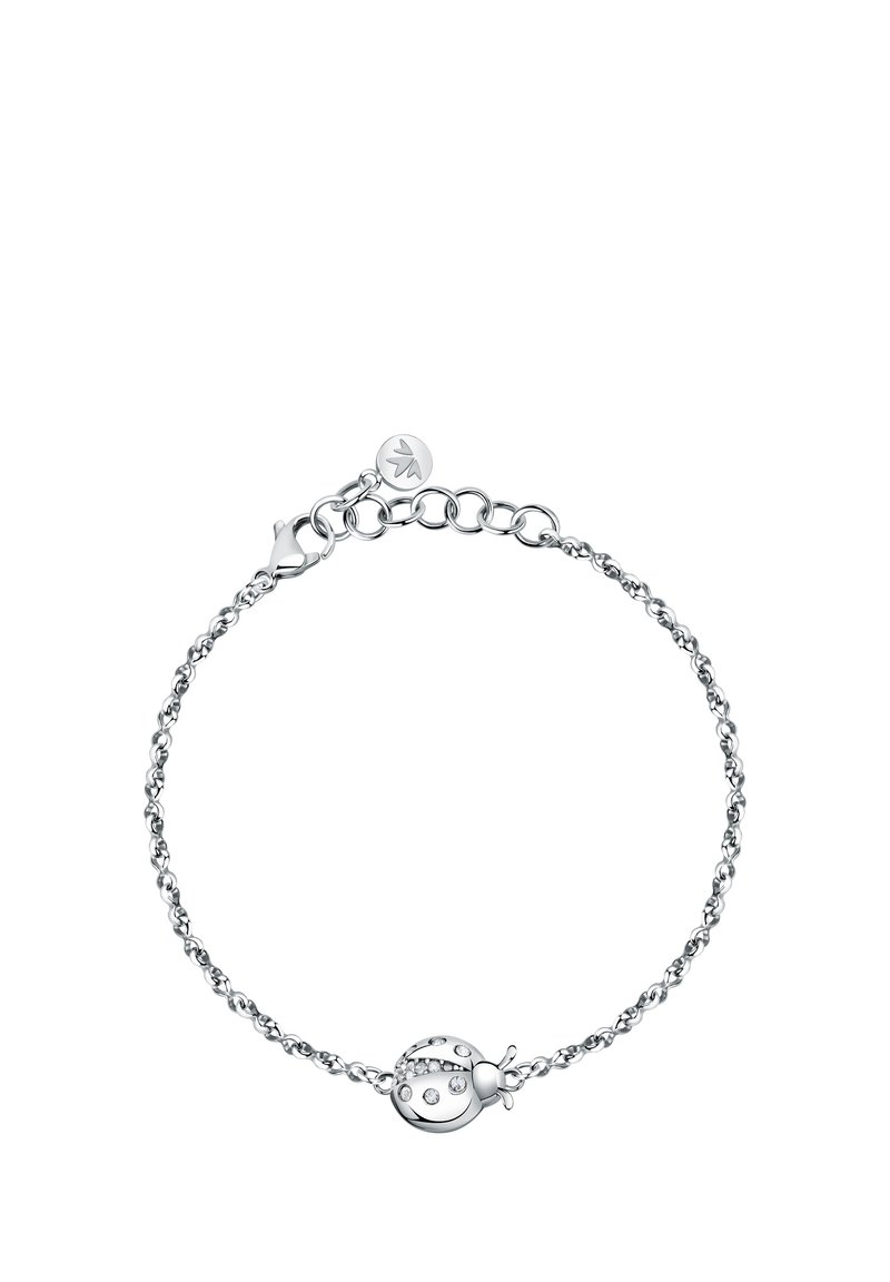 Bracciale in argento con design a catena, caratterizzato da un charm a forma di coccinella rotonda adornato con cristalli trasparenti. Chiusura dettagliata e lunghezza regolabile.
