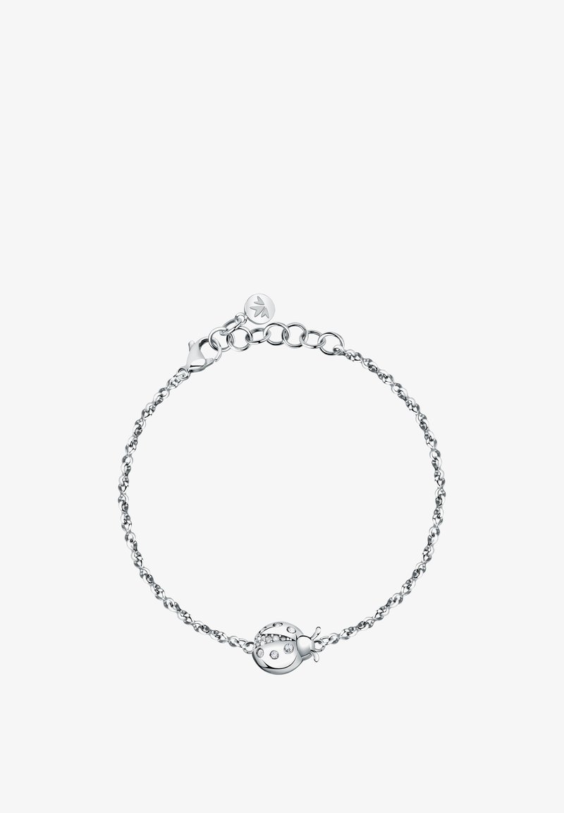 Bracciale in argento con design a catena, caratterizzato da un charm a forma di coccinella rotonda adornato con cristalli trasparenti. Chiusura dettagliata e lunghezza regolabile.