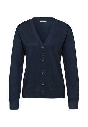 Cardigan blu navy realizzato in morbido tessuto a maglia. Presenta un collo a V, maniche lunghe e una chiusura frontale con sei bottoni e bordi a coste.