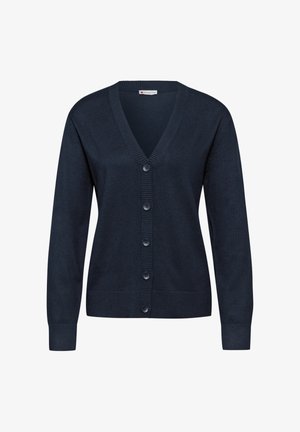 Cardigan bleu marine en tricot doux. Il présente un col en V, des manches longues et une fermeture à six boutons à l'avant avec des finitions côtelées.