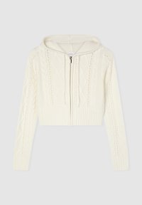 Skrócona bluza z zamkiem w oplocie o teksturowanym kremowym kolorze, z kapturem, warkoczowymi wzorami oraz ściągaczami przy mankietach i u dołu dla dodatkowego ciepła.